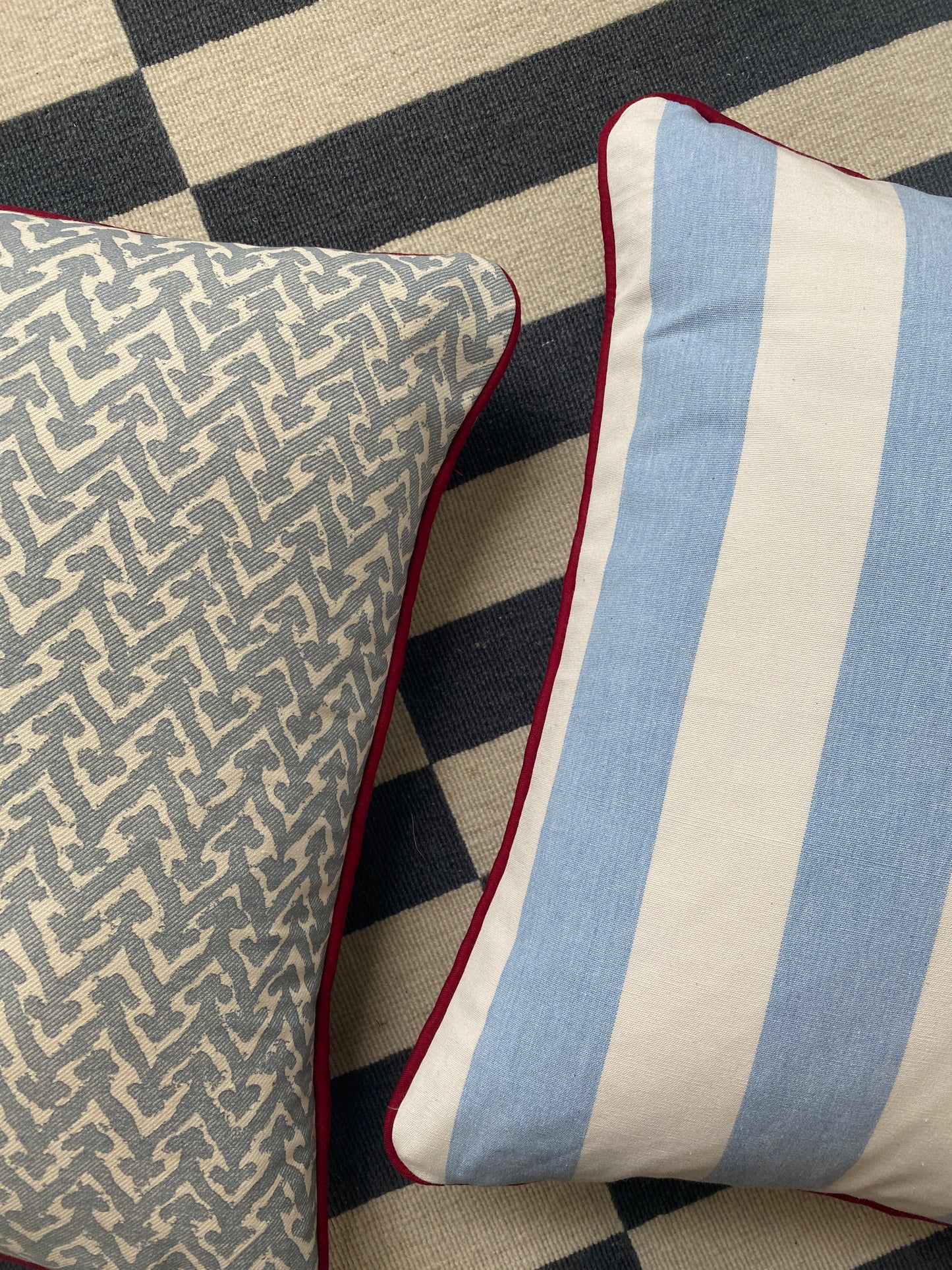 Blue geo + red piping Cushion