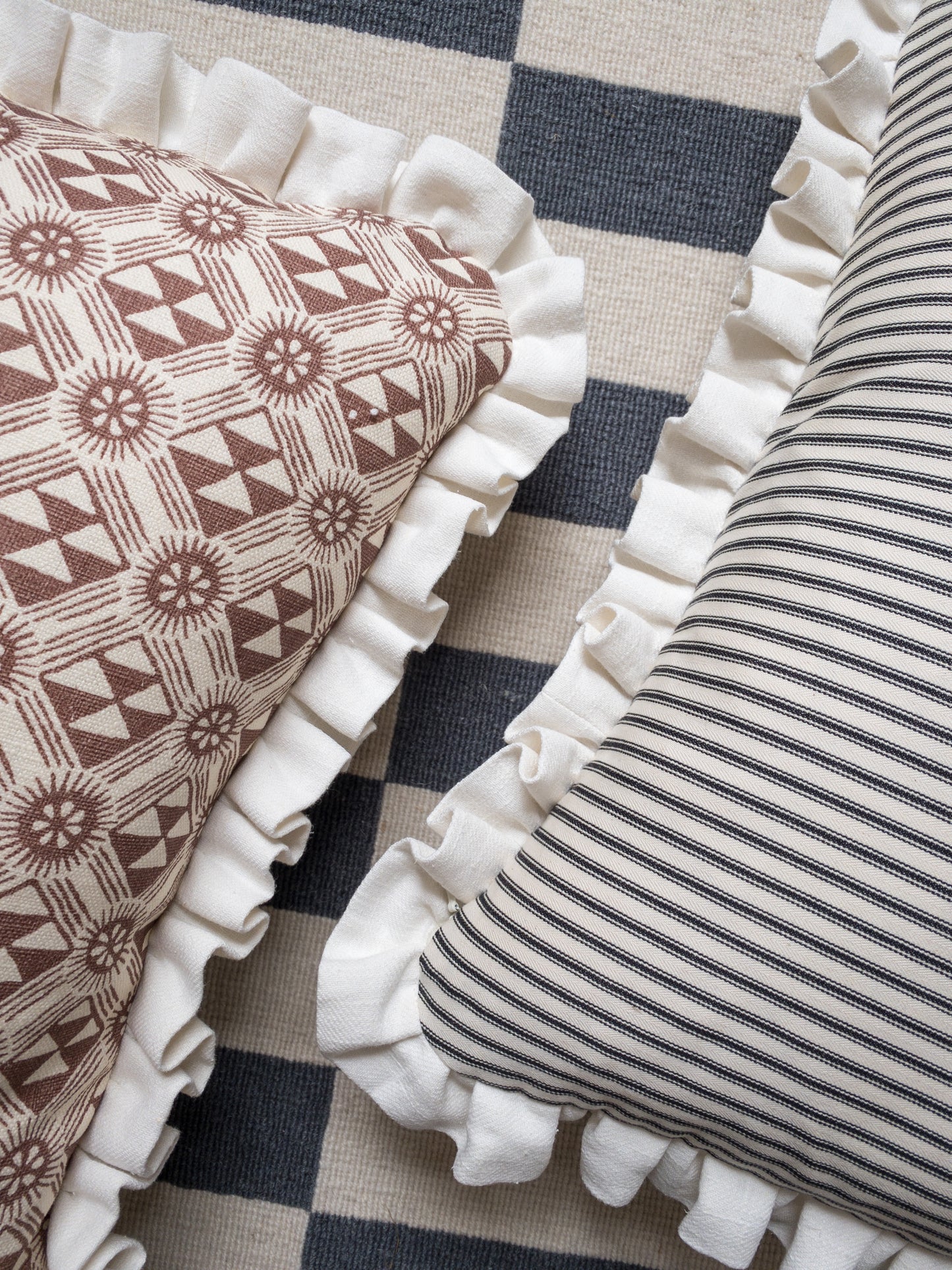 Brown geo + cream frill Cushion