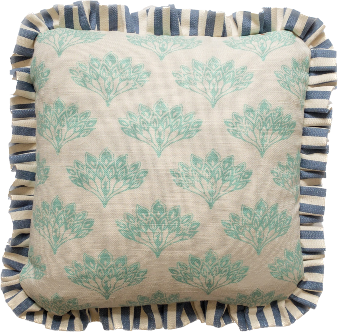 Teal feathers + blue stripe frill Cushion