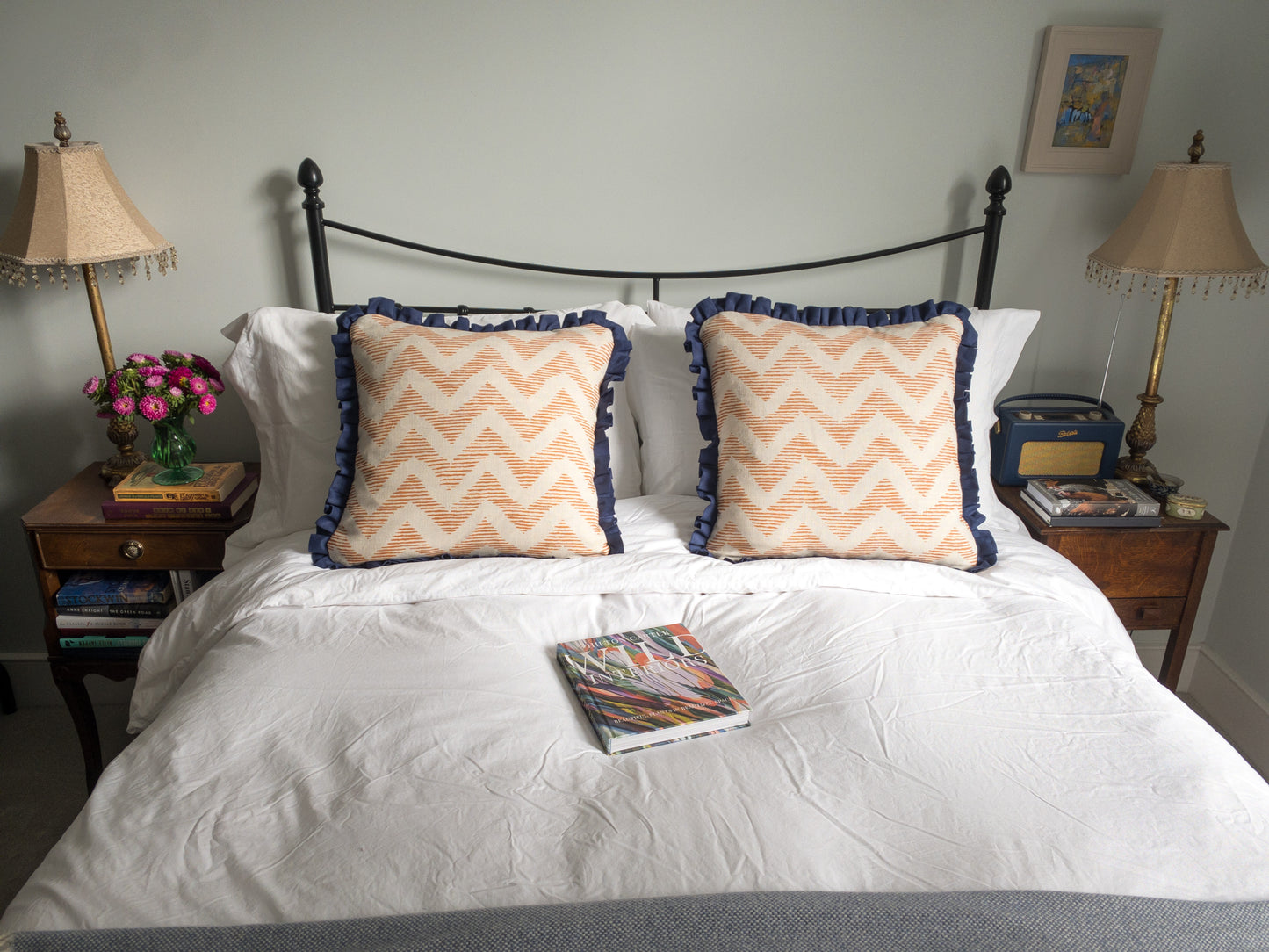 Orange geo + blue frill Cushion