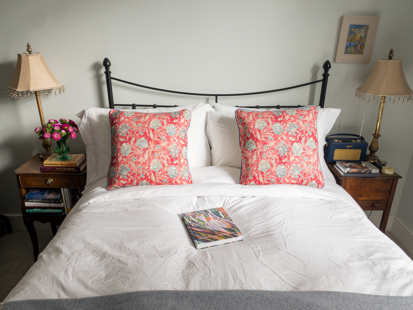 Red flower + green stripe back Cushion
