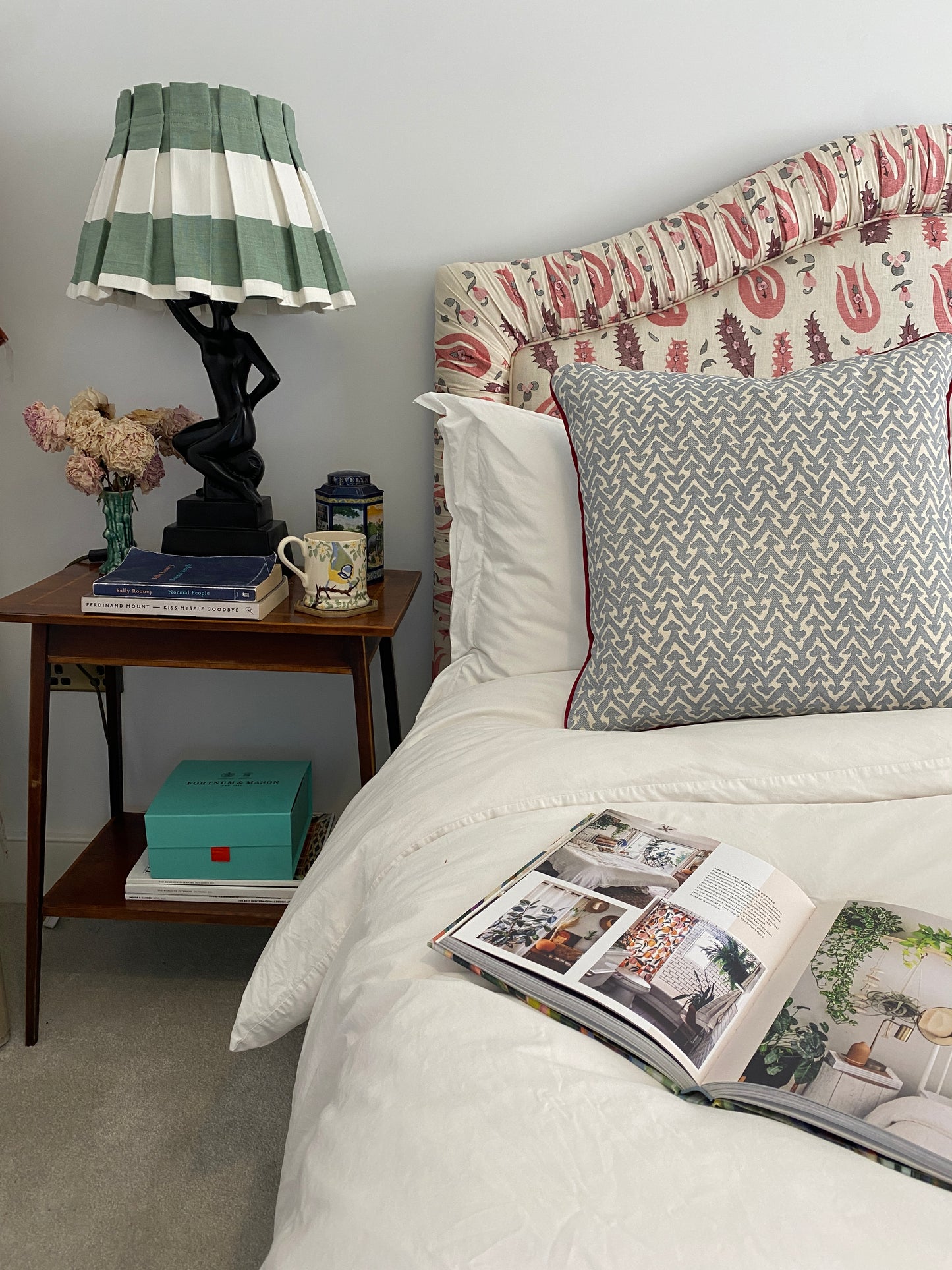 Blue geo + red piping Cushion