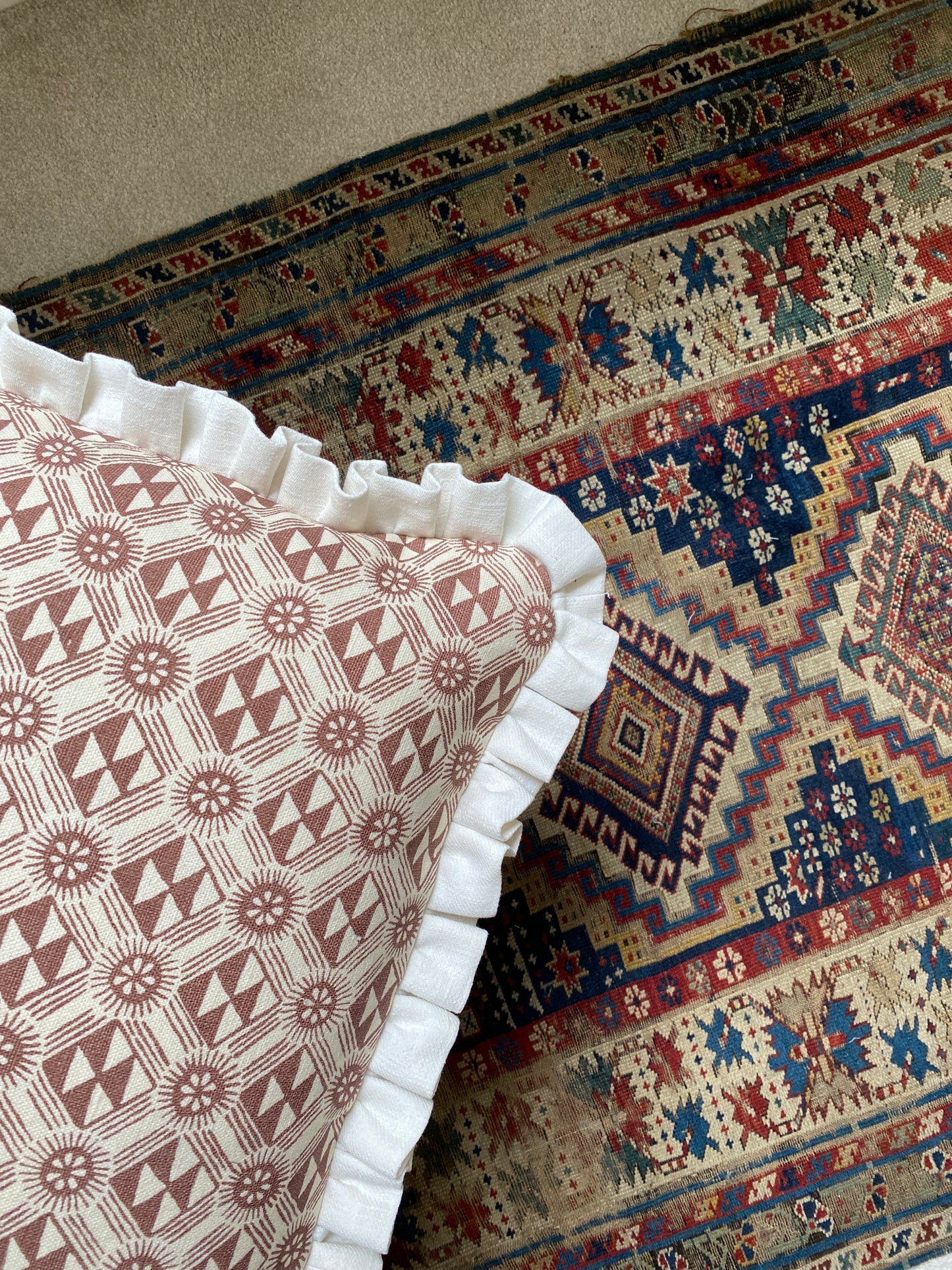 Brown geo + cream frill Cushion