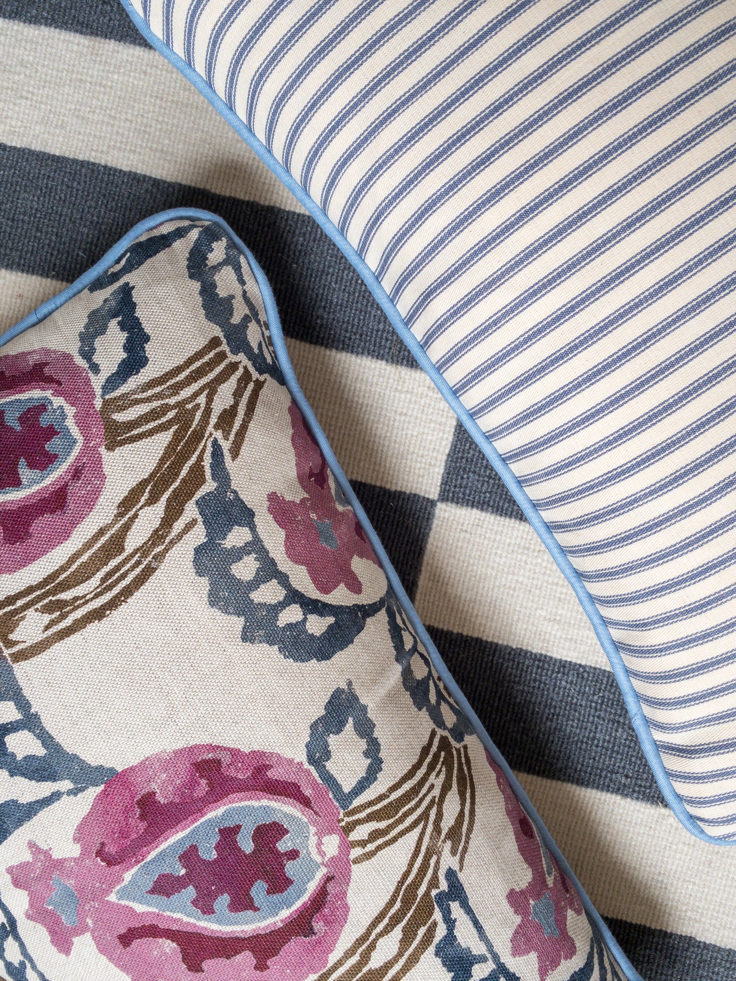 Purple pomegranates + blue piping Cushion