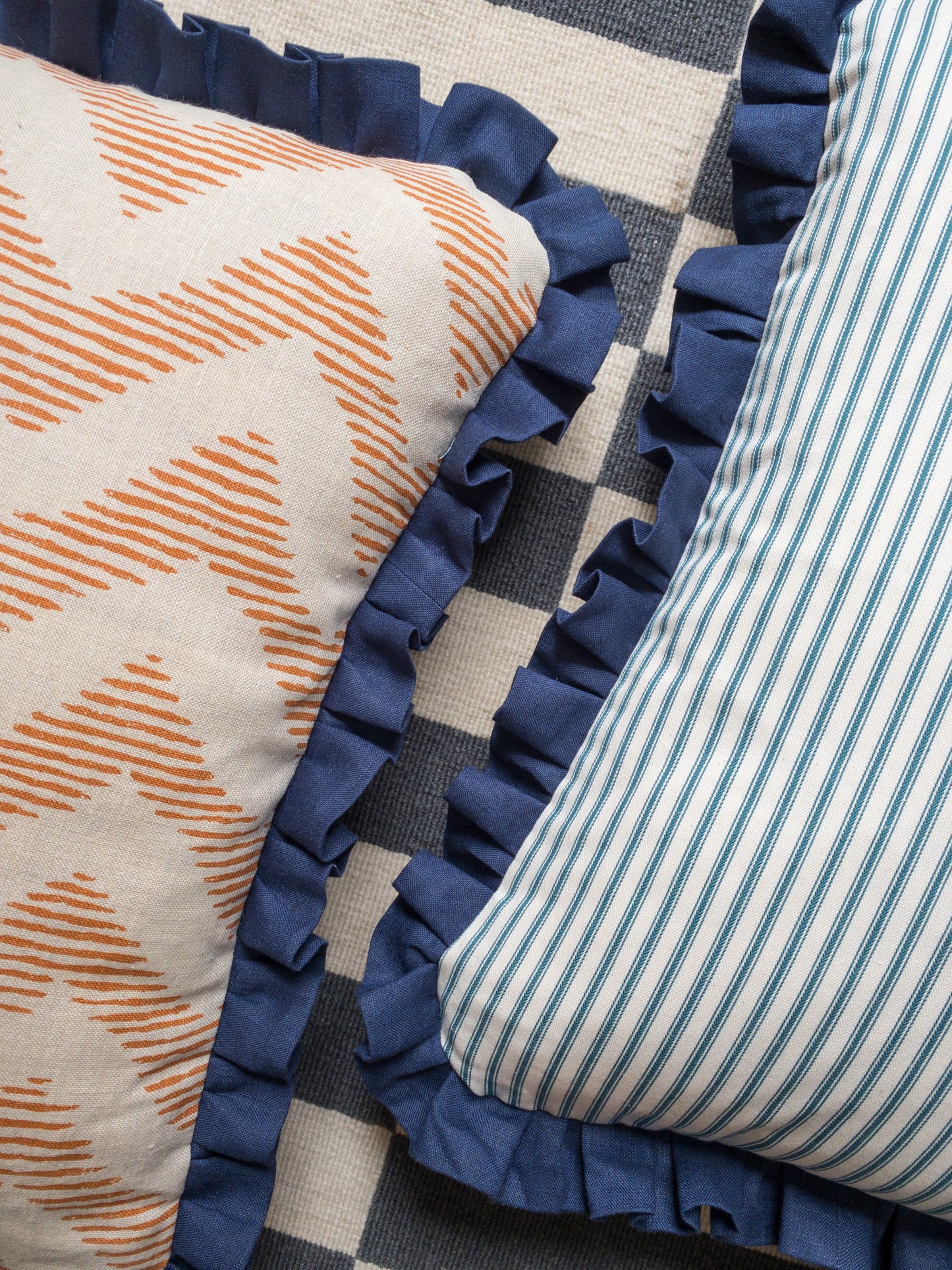 Orange geo + blue frill Cushion
