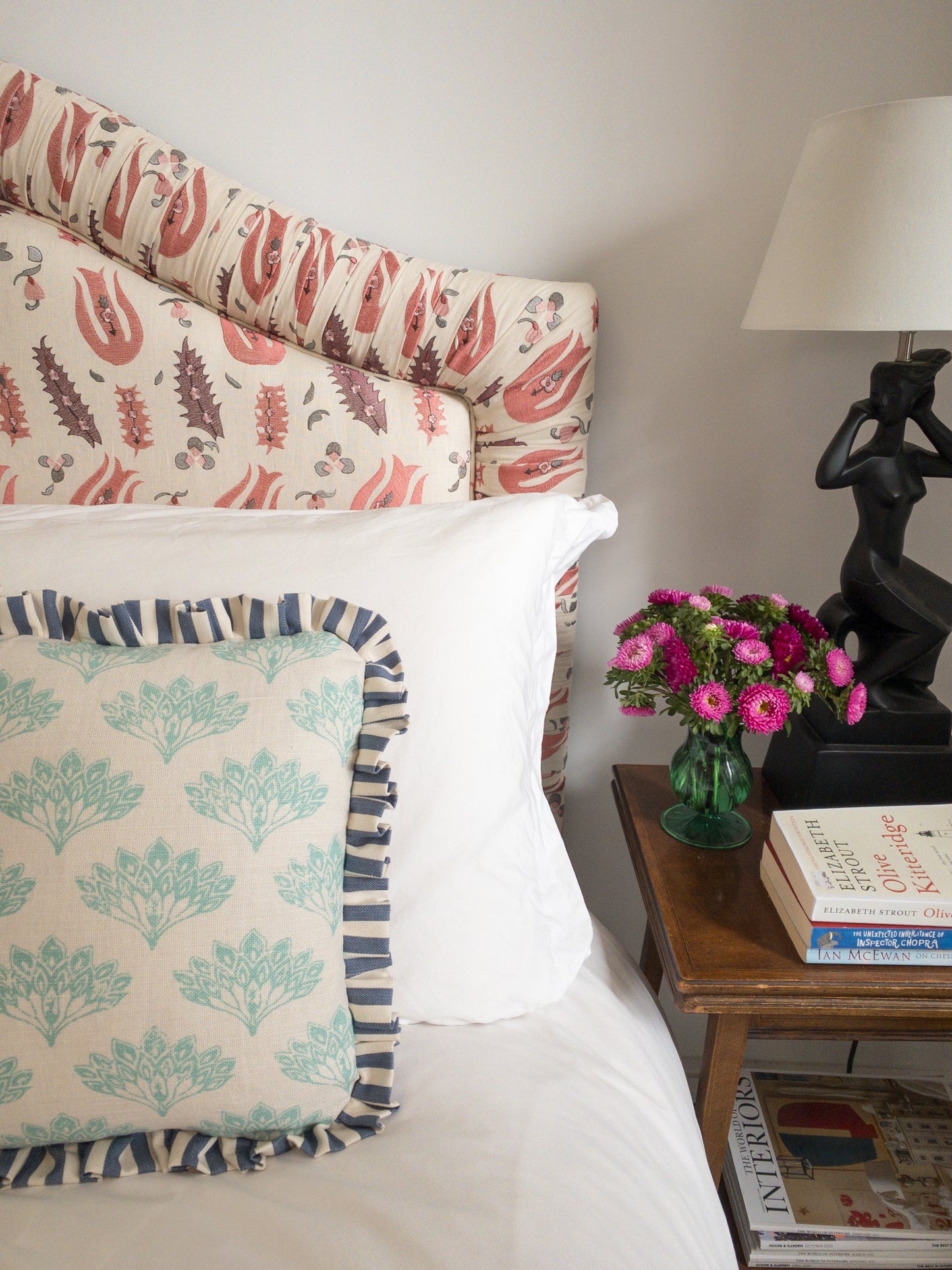 Teal feathers + blue stripe frill Cushion