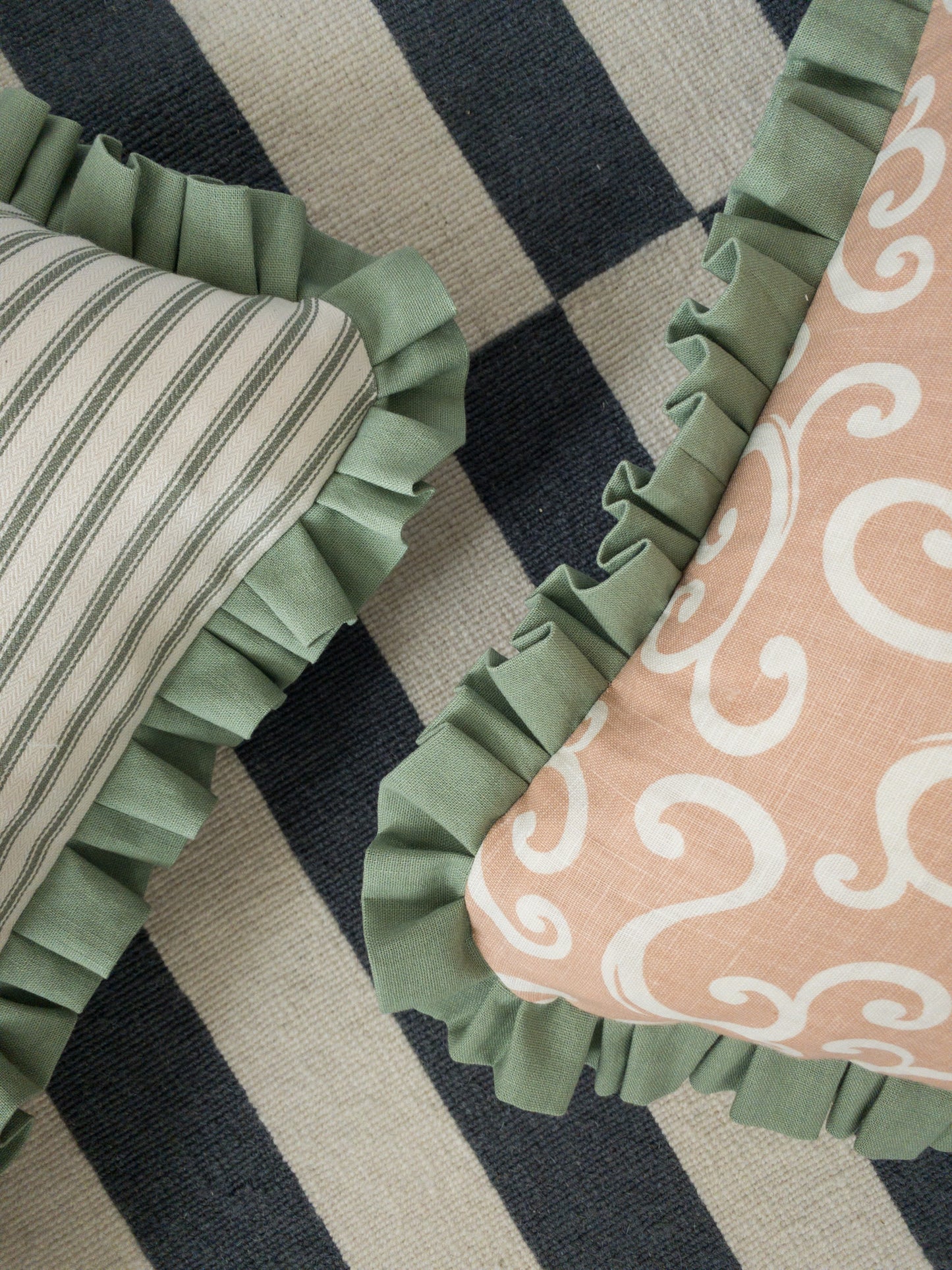 Pink swirls + green frill Cushion
