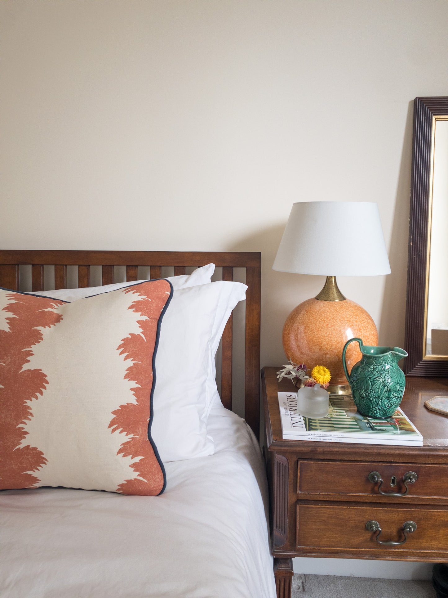 Orange fern stripe + blue piping Cushion