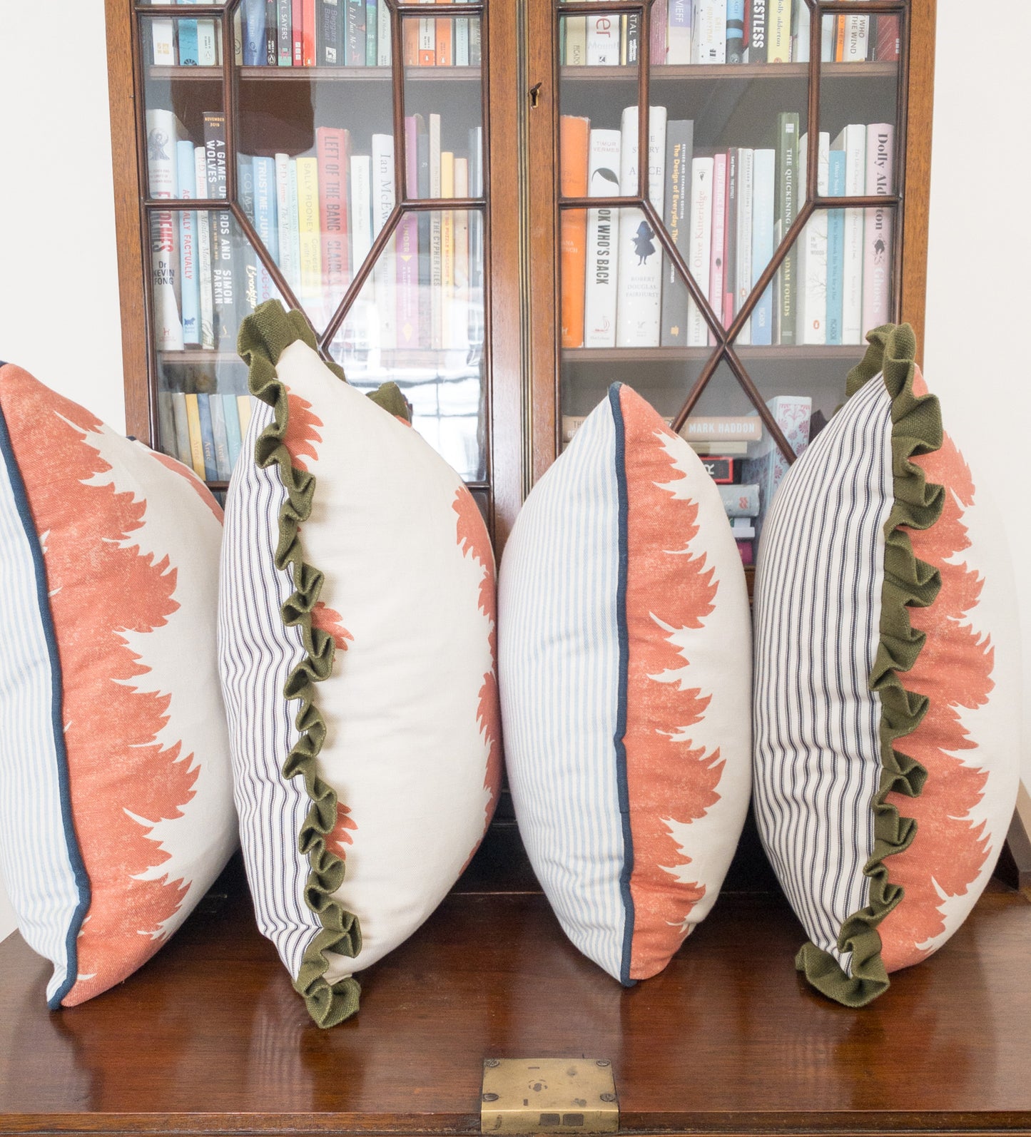 Orange fern stripe + green frill Cushion