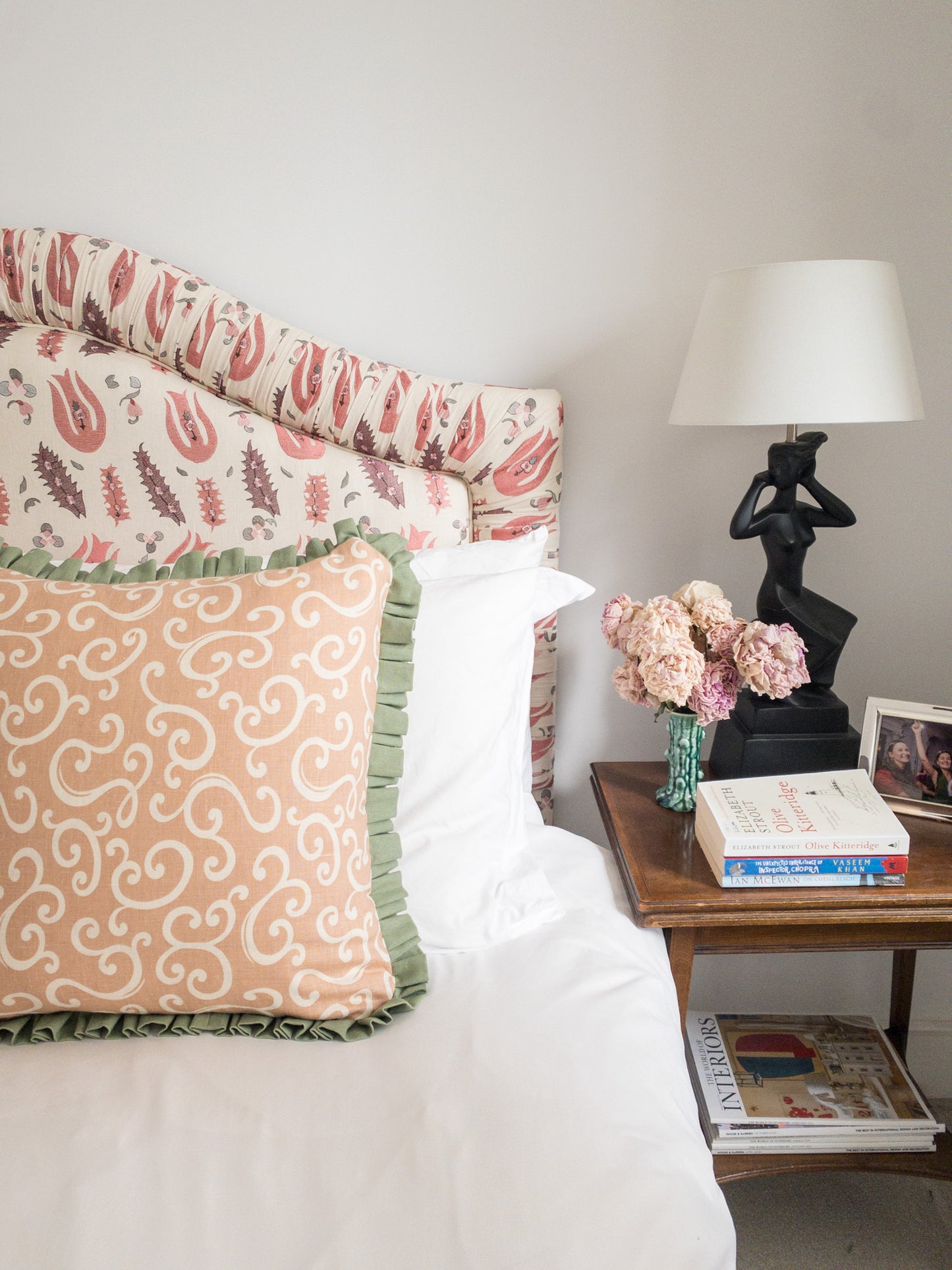 Pink swirls + green frill Cushion