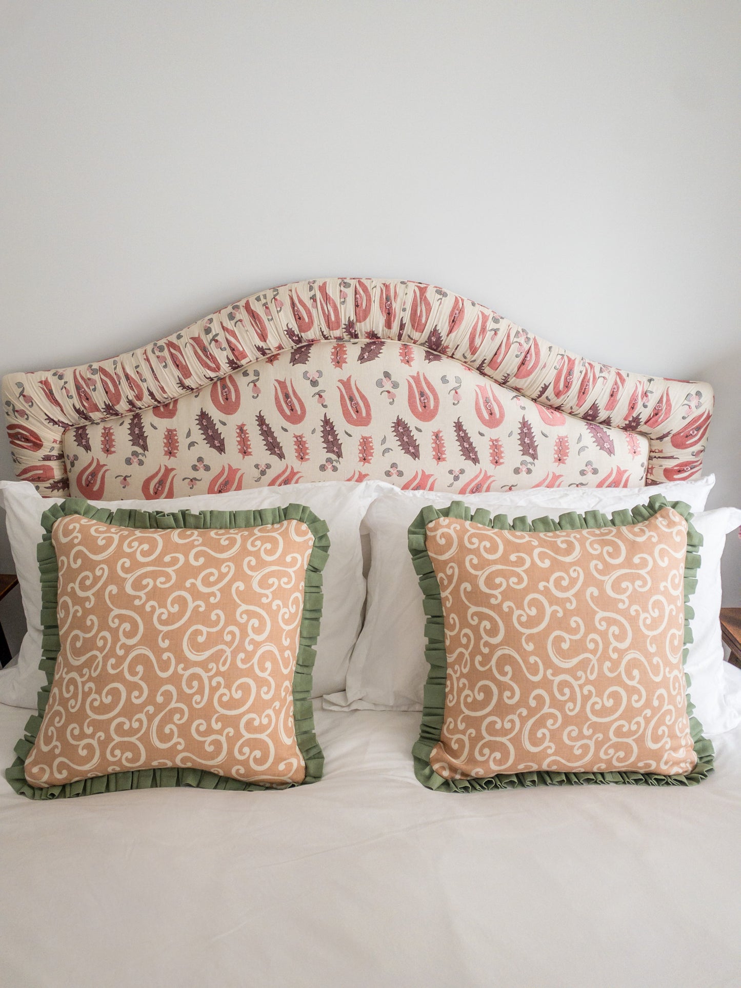 Pink swirls + green frill Cushion