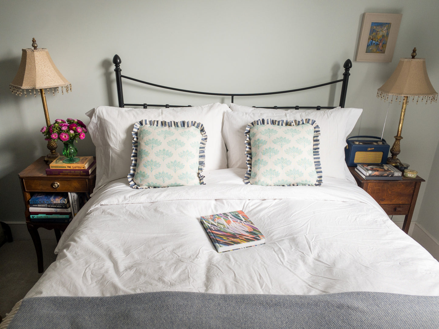 Teal feathers + blue stripe frill Cushion