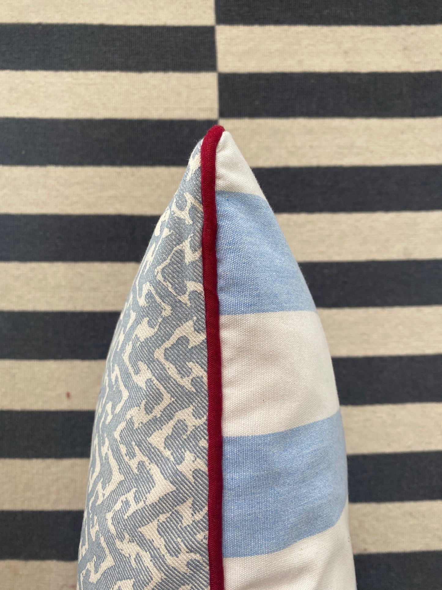 Blue geo + red piping Cushion