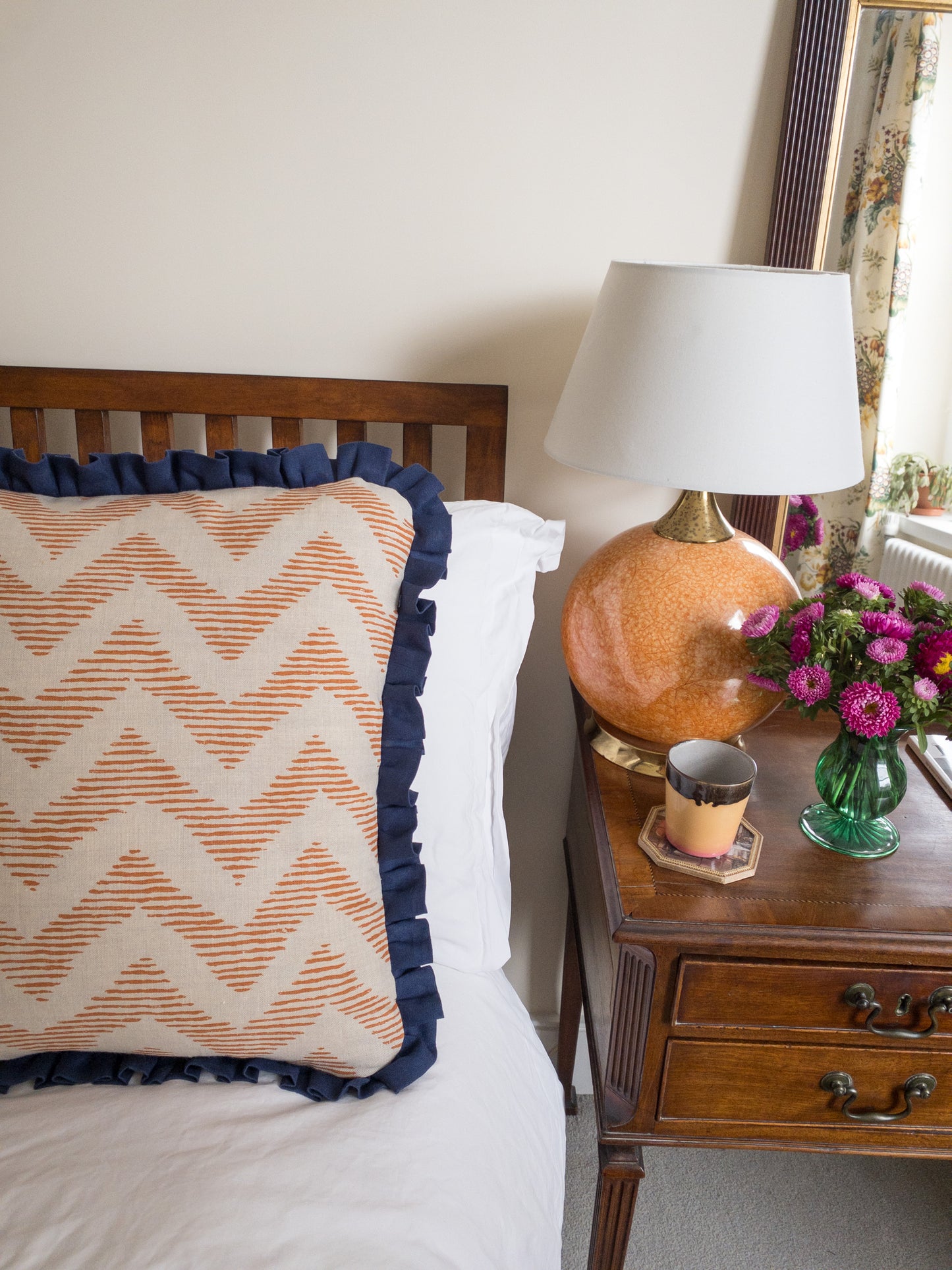 Orange geo + blue frill Cushion