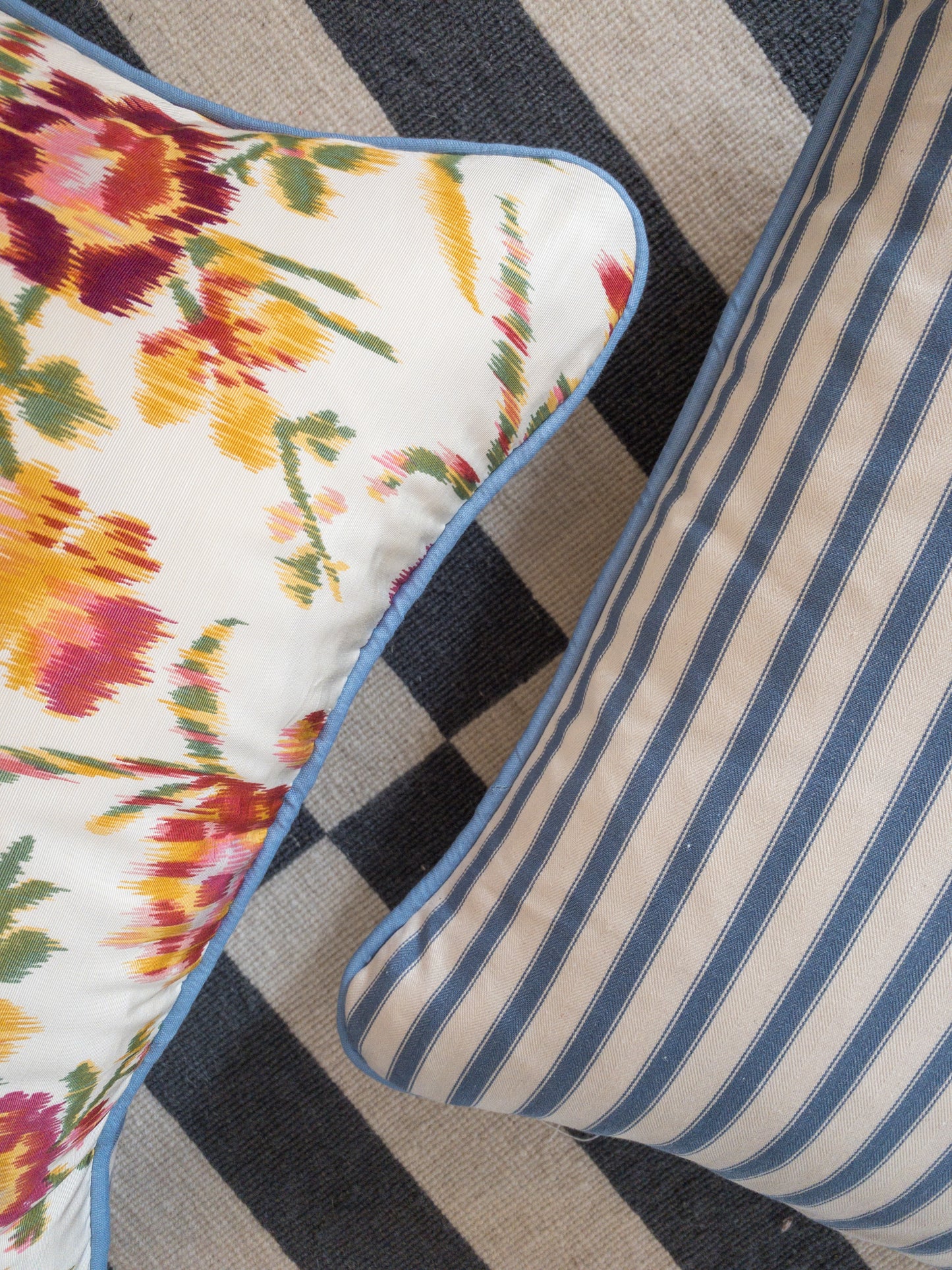 Multi flower + blue piping Cushion