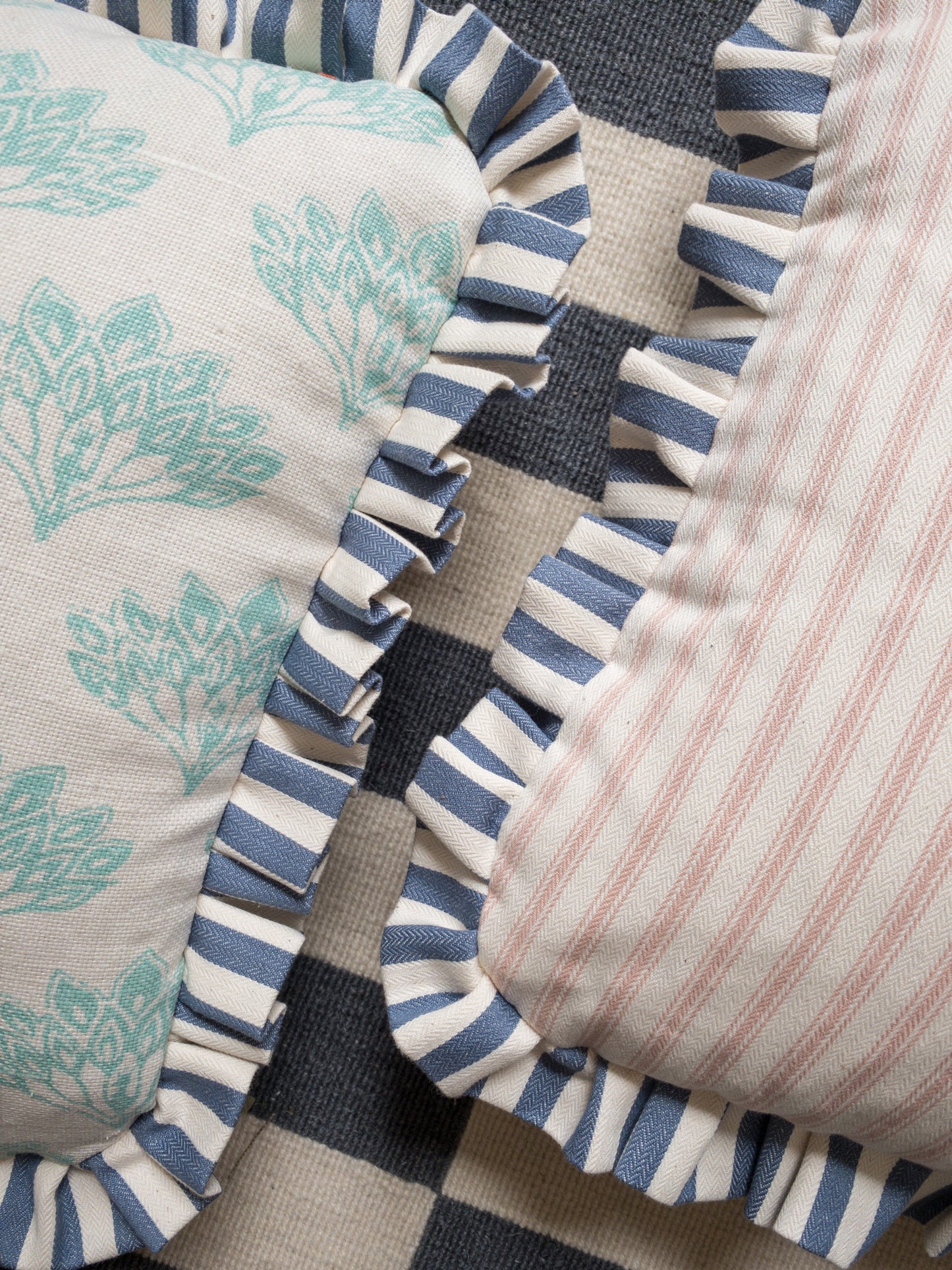 Teal feathers + blue stripe frill Cushion