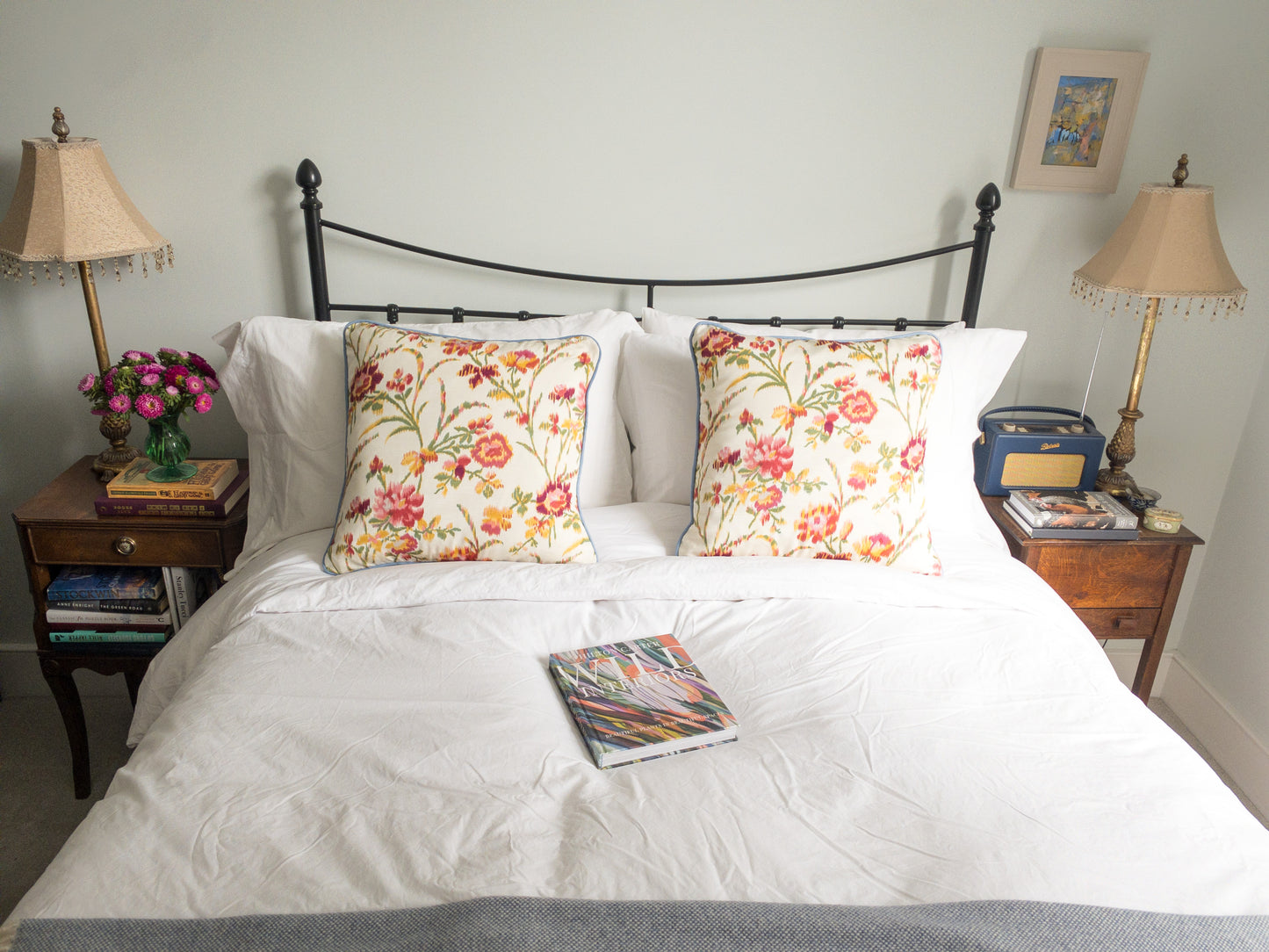 Multi flower + blue piping Cushion
