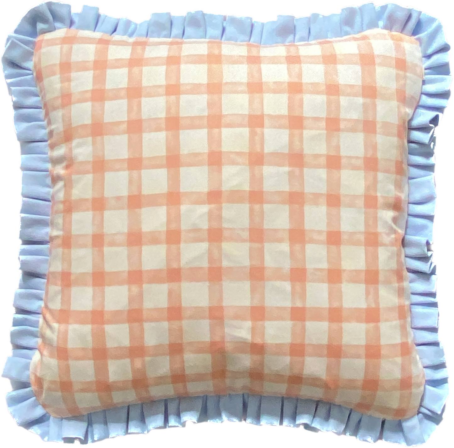 Peach gingham with pale blue frill Cushion