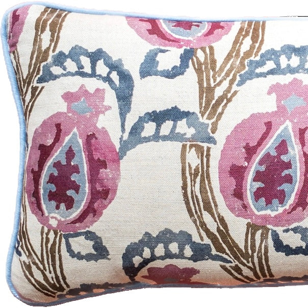 Purple pomegranates + blue piping Cushion