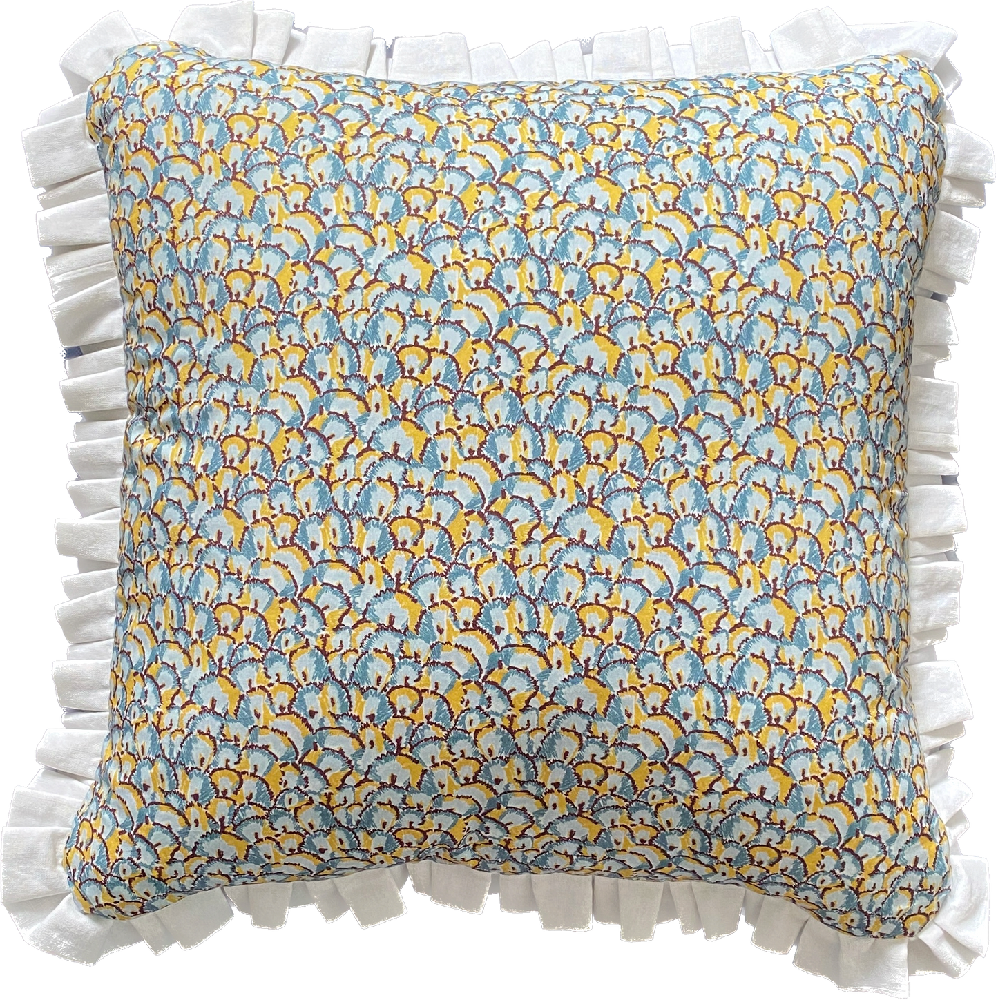 Blue and yellow shells with blue ticking Cushion