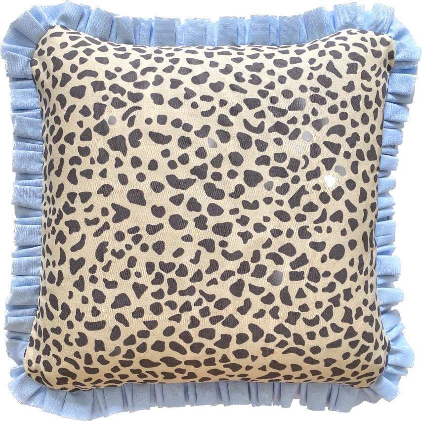 Black spots with a pale blue frill Cushion