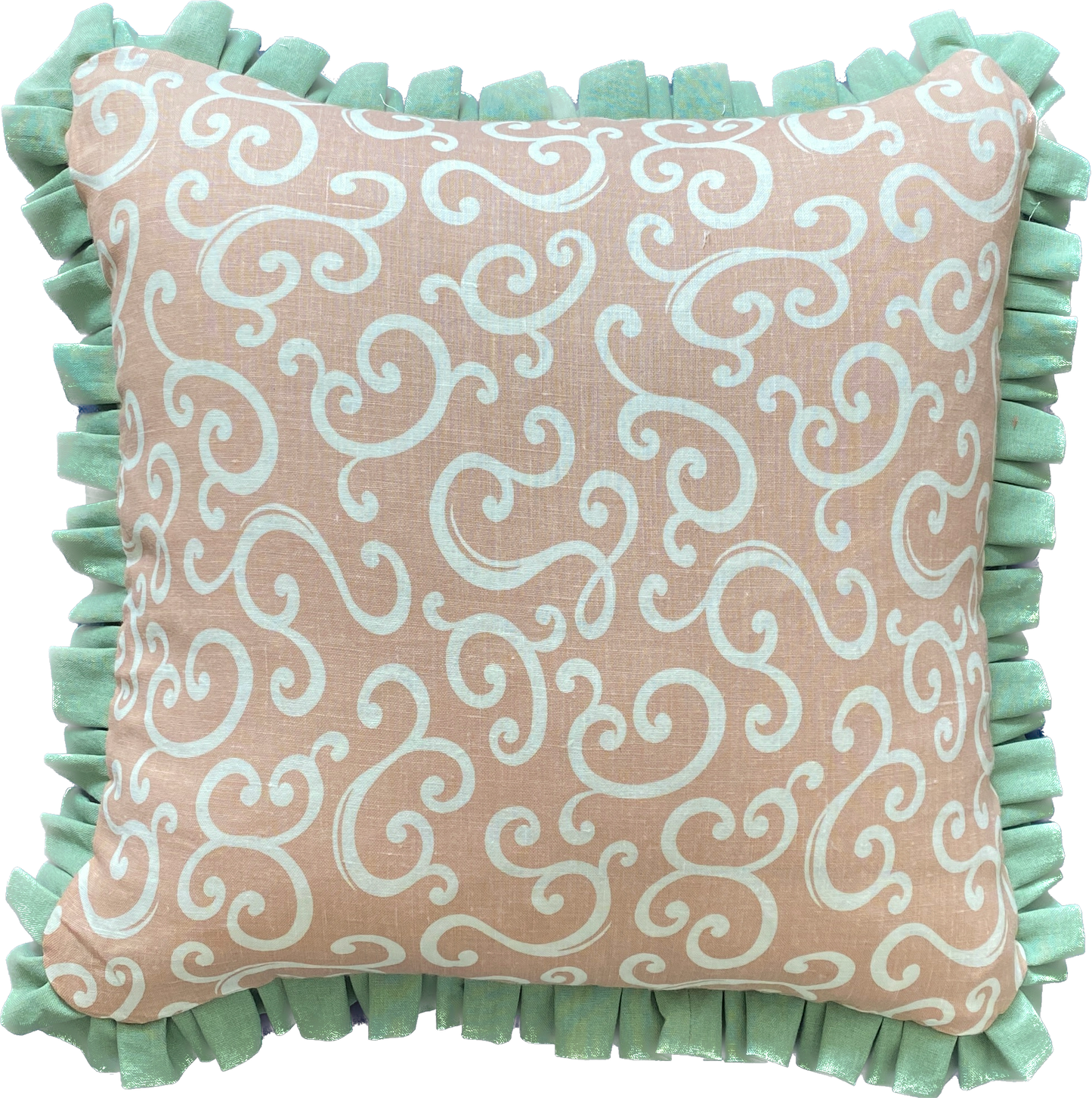 Pink swirls + green frill Cushion