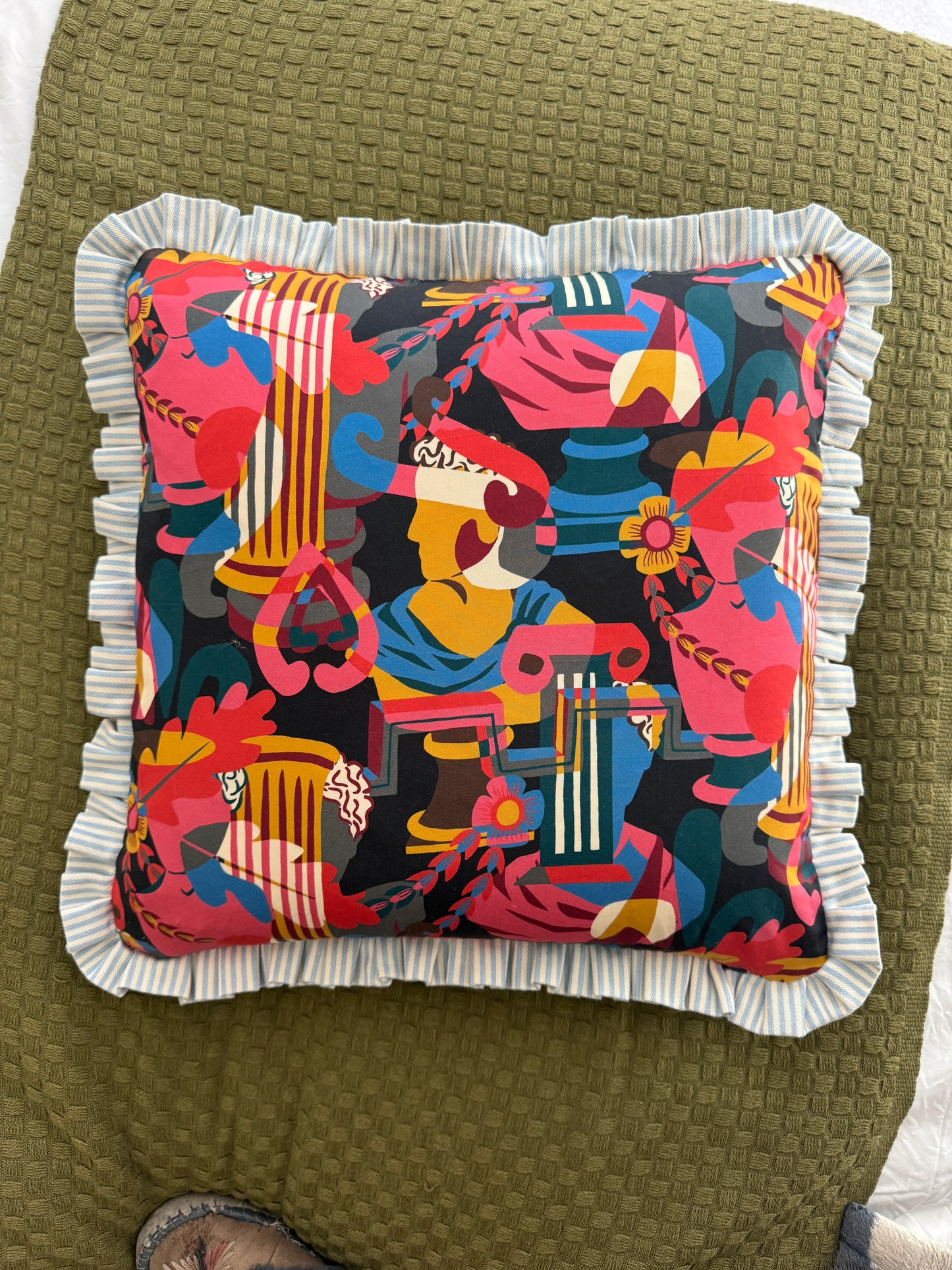 Art deco print with blue stripe frill Cushion