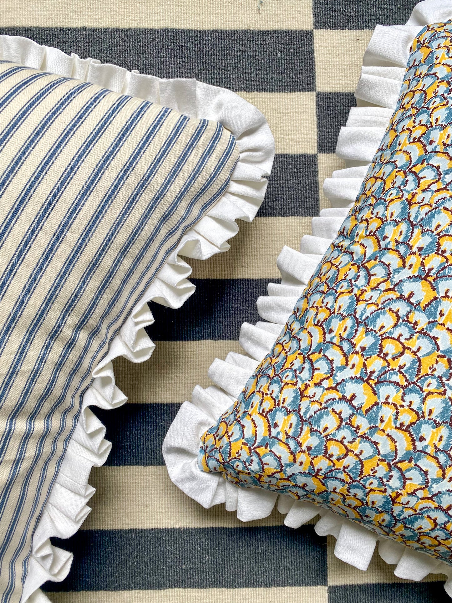 Blue and yellow shells with blue ticking Cushion