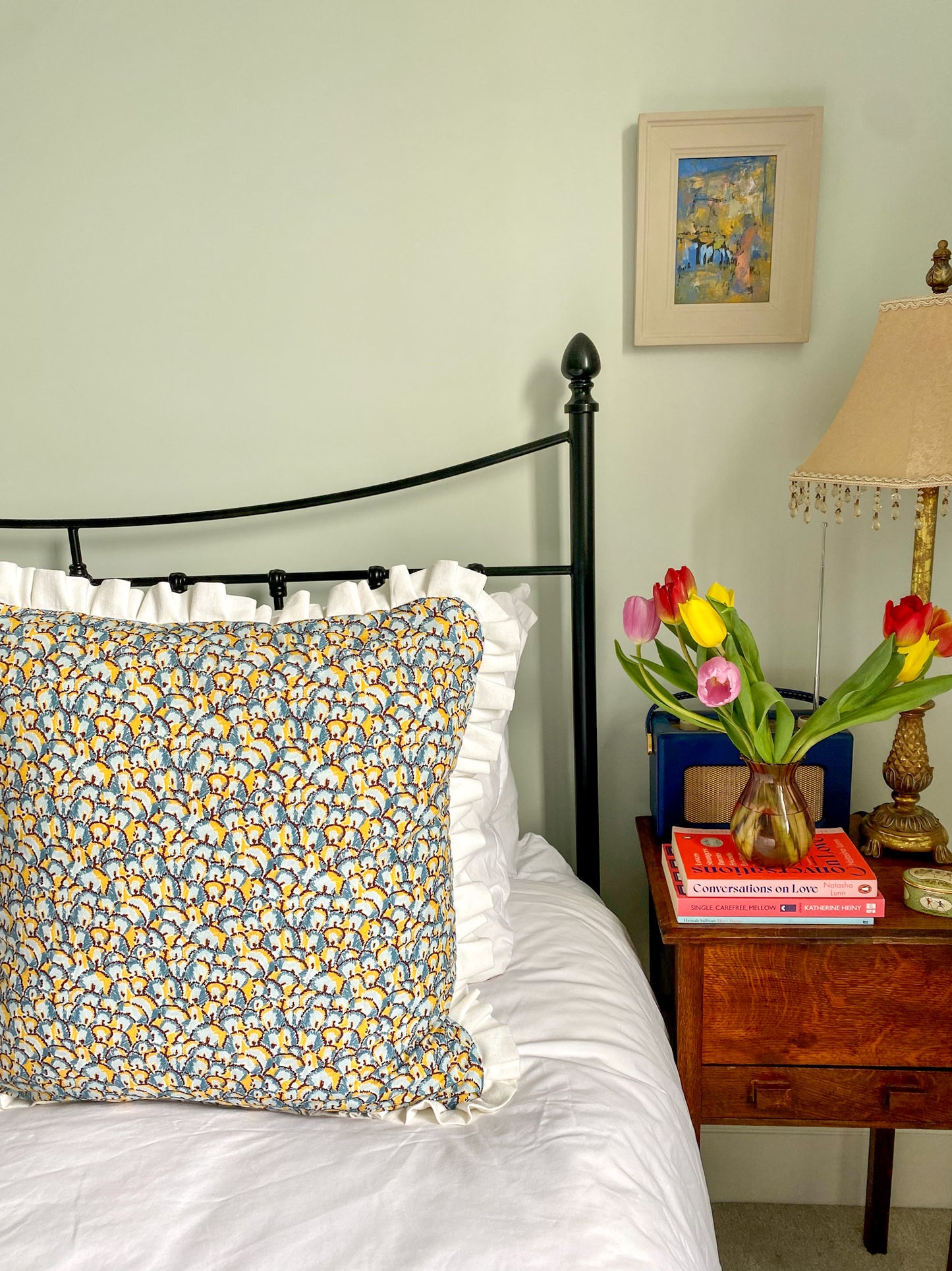 Blue and yellow shells with blue ticking Cushion