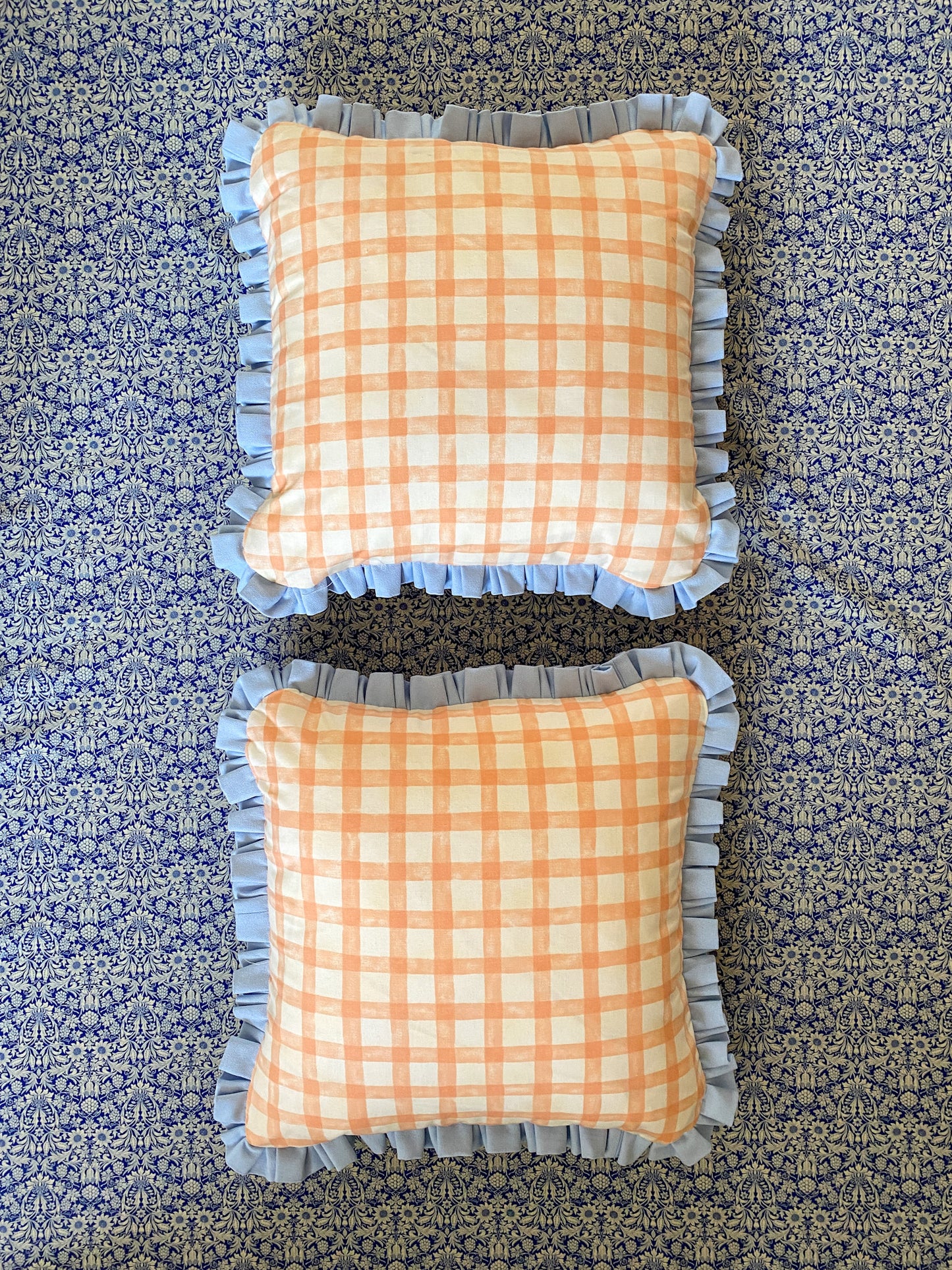 Peach gingham with pale blue frill Cushion