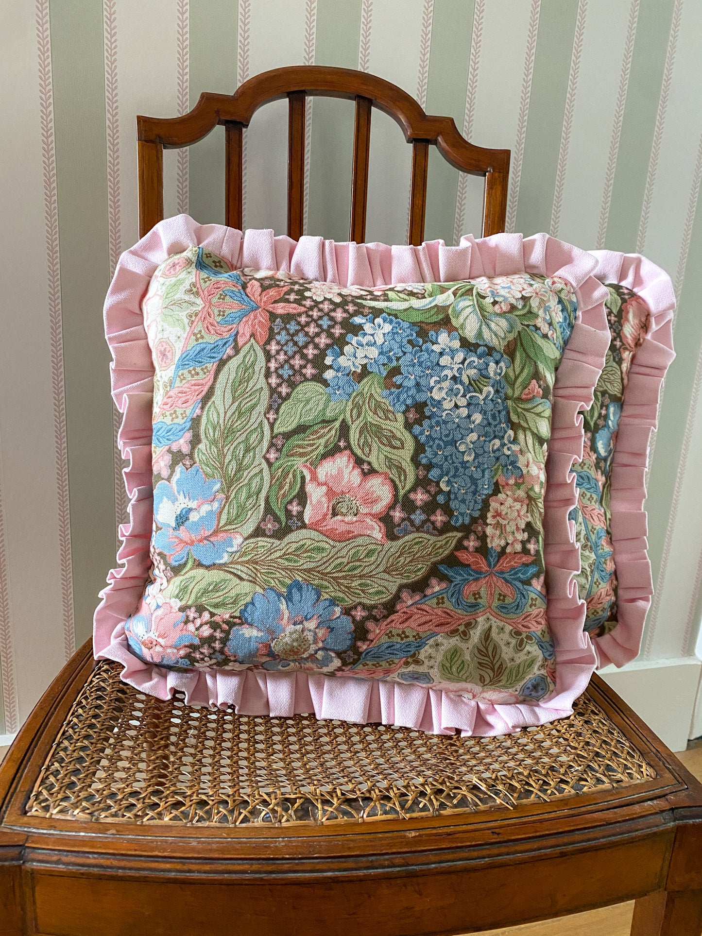 Pink forest with green ticking Cushion
