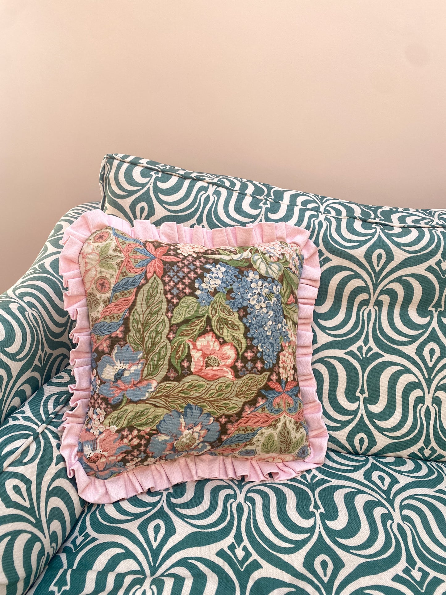 Pink forest with green ticking Cushion