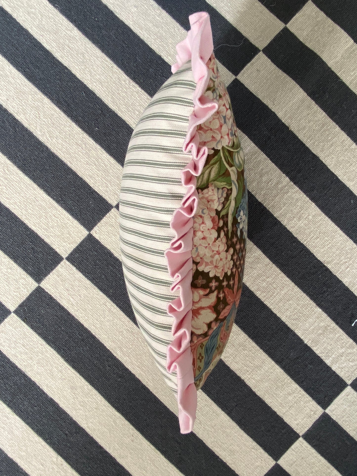 Pink forest with green ticking Cushion