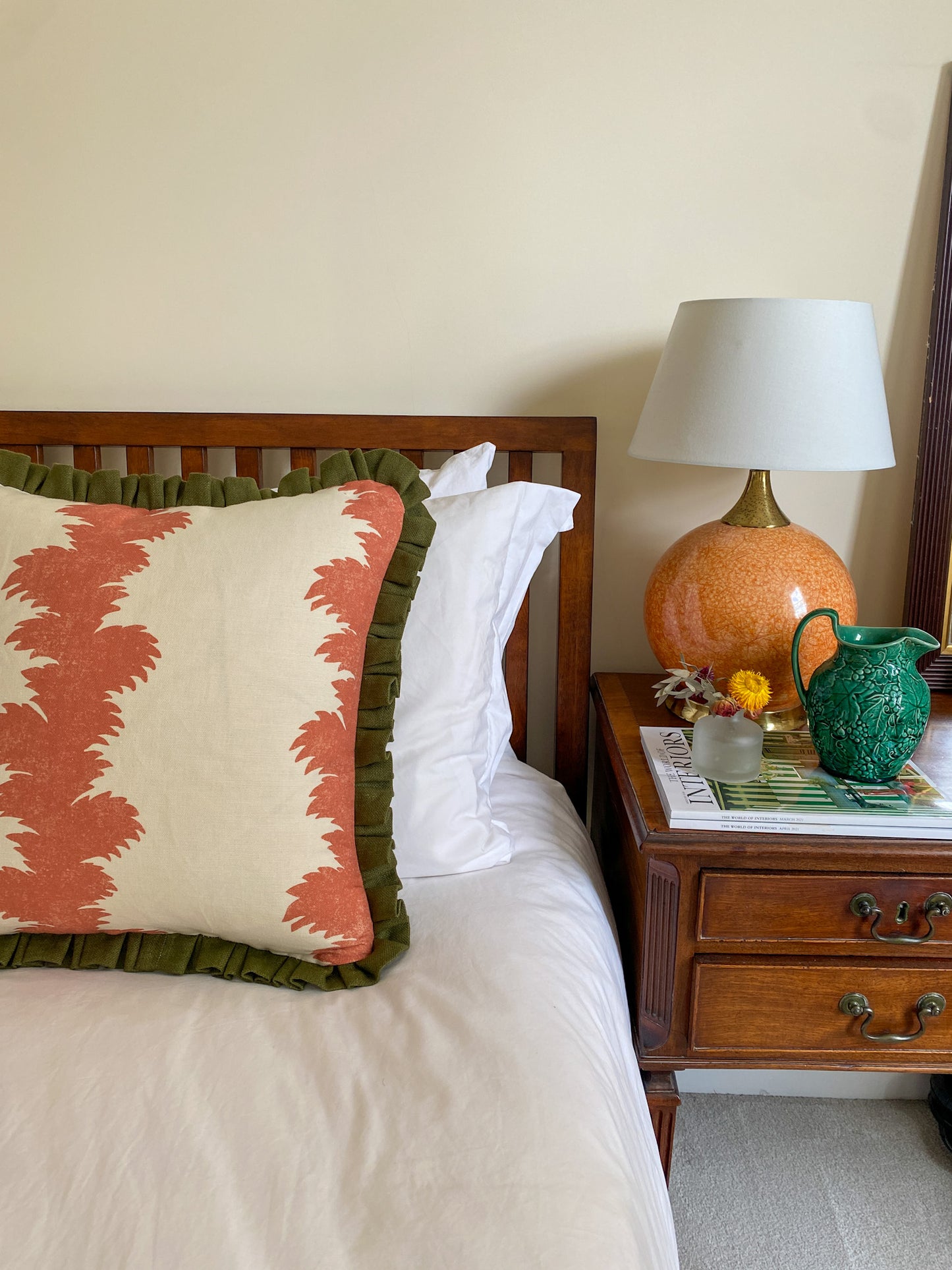Orange fern stripe + green frill Cushion