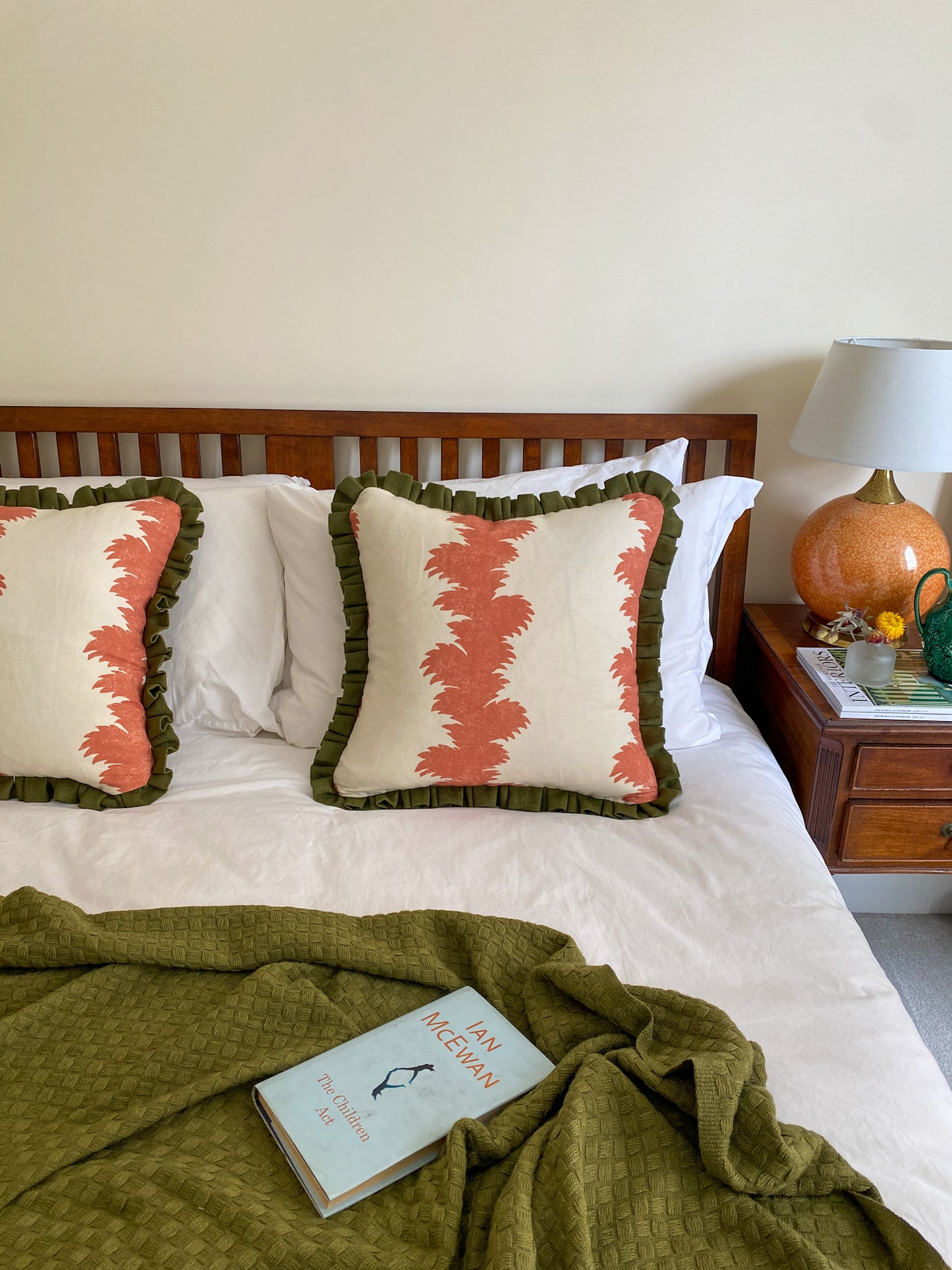 Orange fern stripe + green frill Cushion
