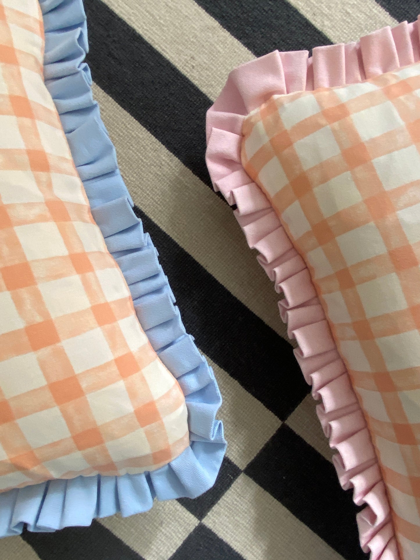 Peach gingham with pale blue frill Cushion