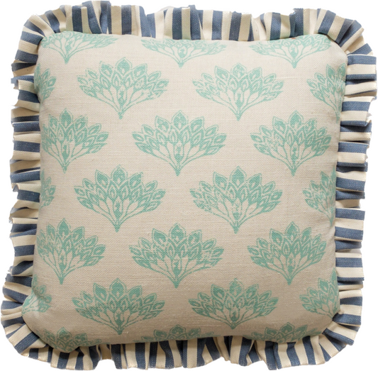 Teal feathers + blue stripe frill Cushion