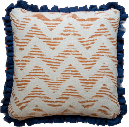 Orange geo + blue frill Cushion