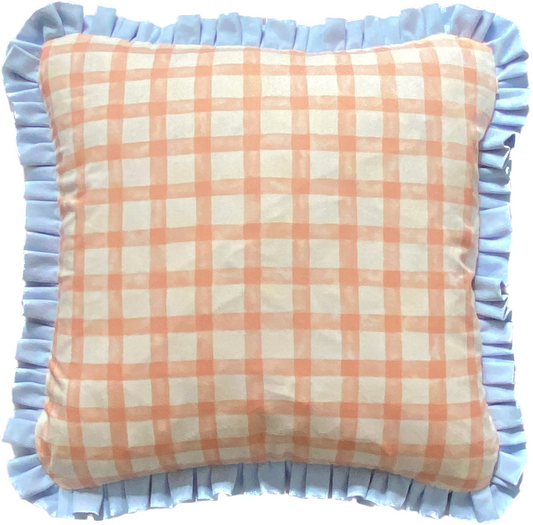 Peach gingham with pale blue frill Cushion