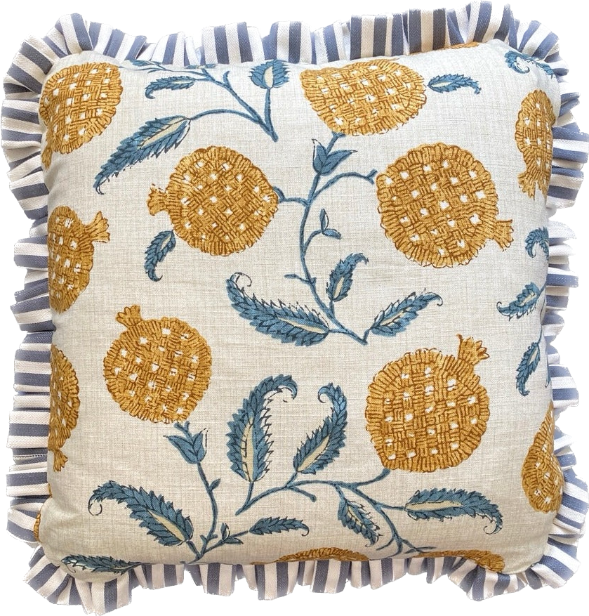 Yellow pomegranates with pale blue ticking PAIR