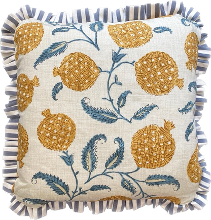 Yellow pomegranates with pale blue ticking PAIR