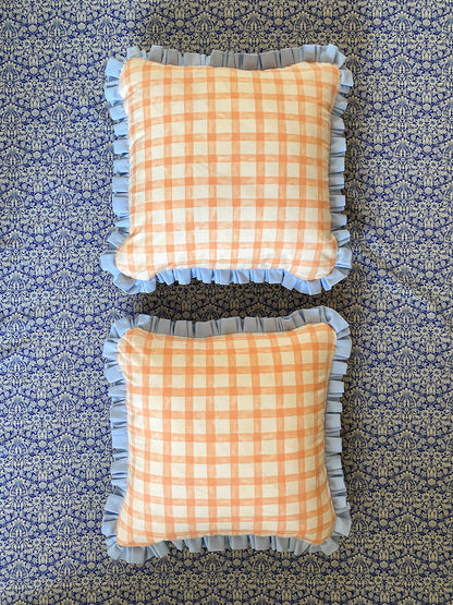 Peach gingham with pale blue frill Cushion